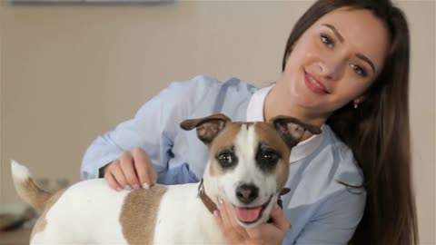 Pretty caucasian woman petting the dog at the veterinarian clinic