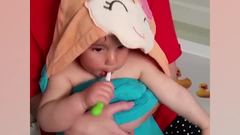 Cute baby reaction on brushing teeth😄