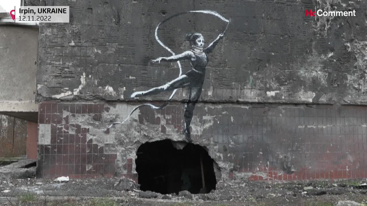 Banksy unveils his latest work on a bombed-out building in Ukraine