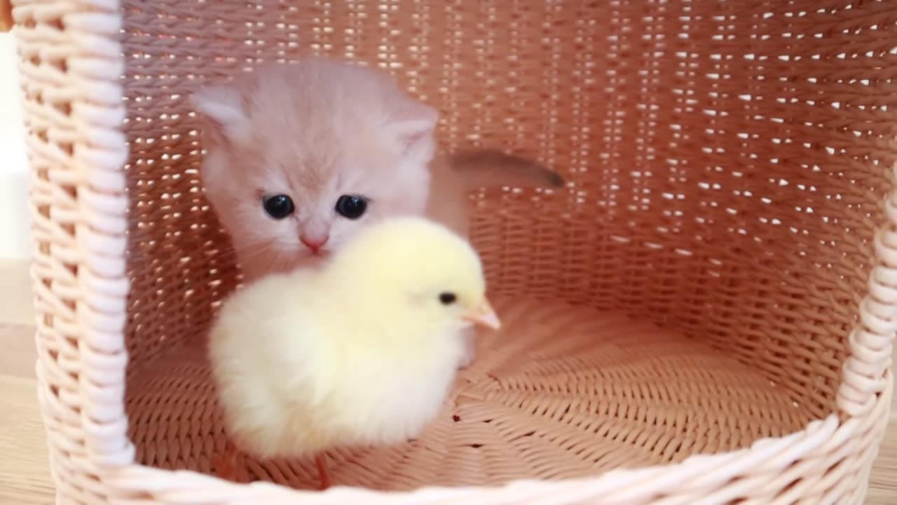 Kittens walk with a tiny chicken