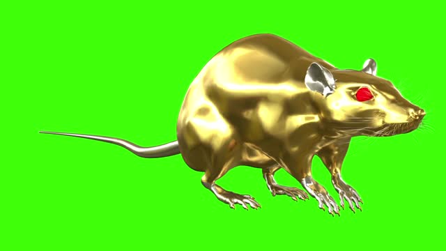 Golden mouse animation on green background.