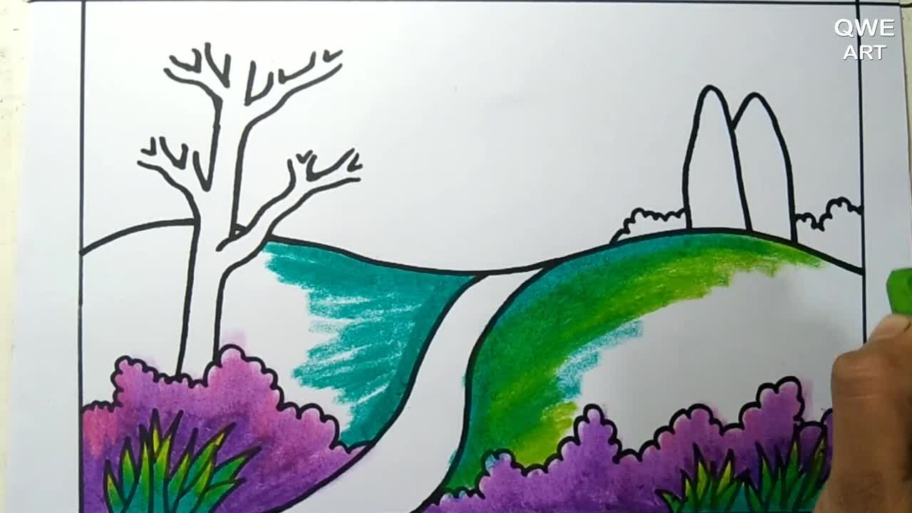 Rainbow Scenery Drawing | Landscape drawing with Mountain and Rainbow - Drawing Class- 12
