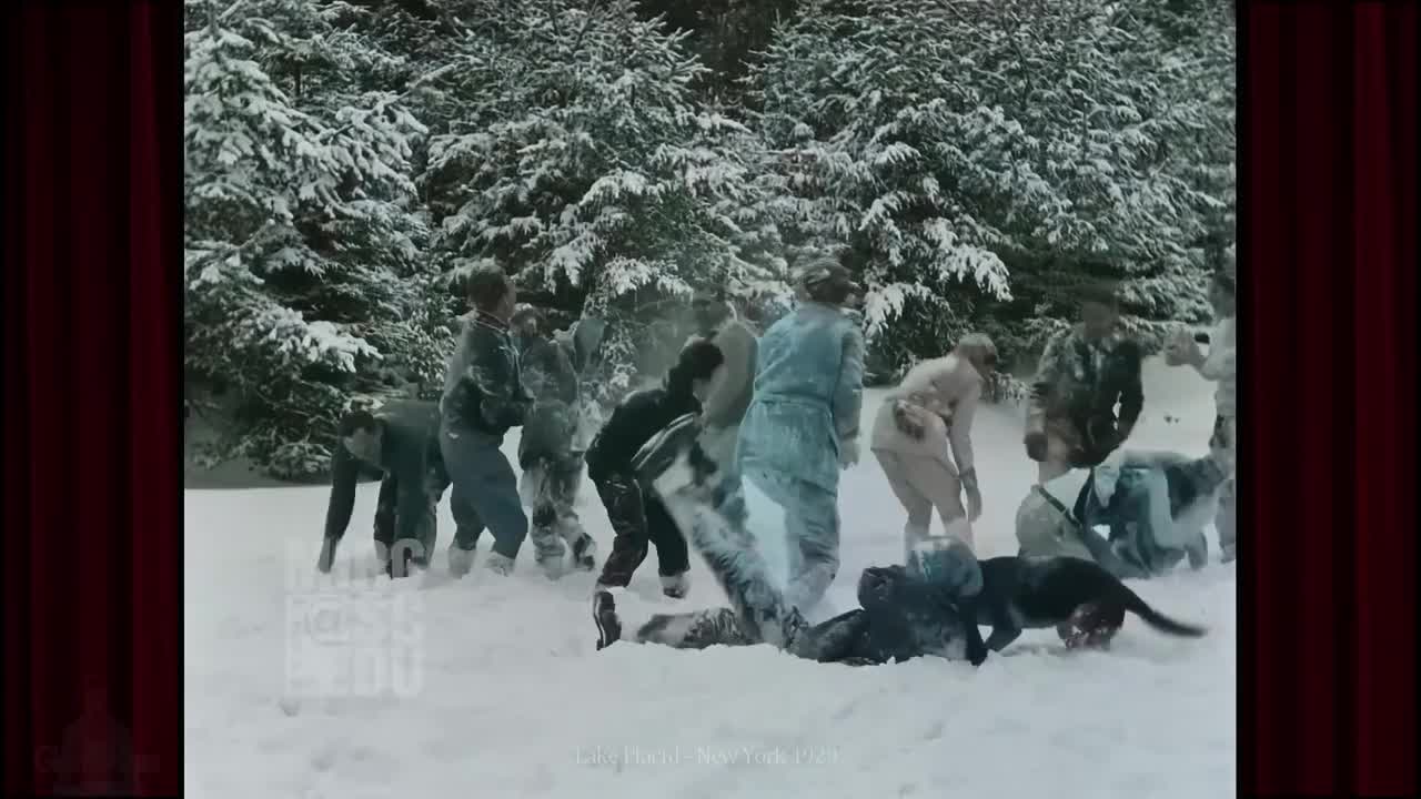 A Fun Snowball Fight from 1929 in AI Colorized 60fps Film