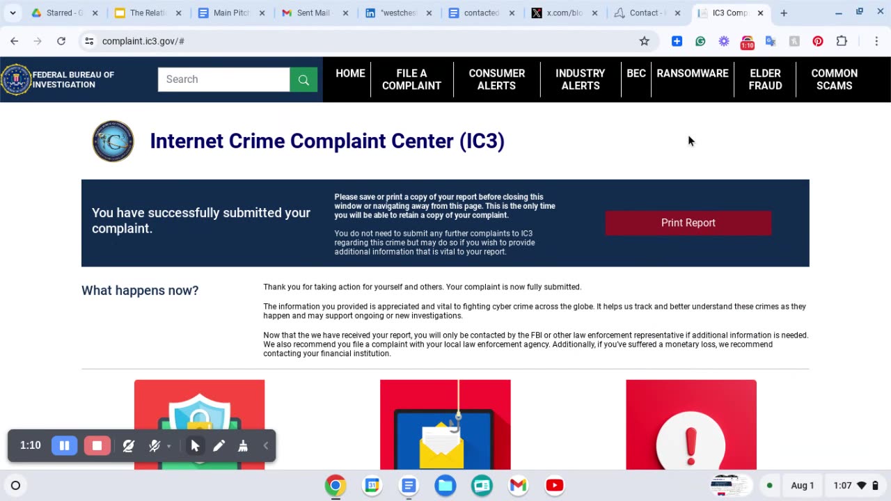 Email to the FBI Internet Crime Complaint Center (IC3) about NYC law enforcement sabotaging me.