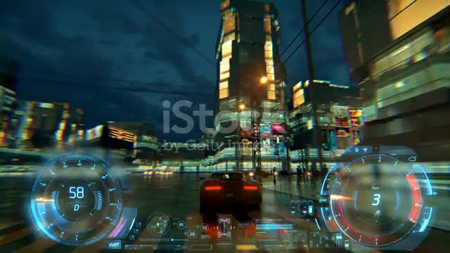 Racing simulation. night city. lights after rain.