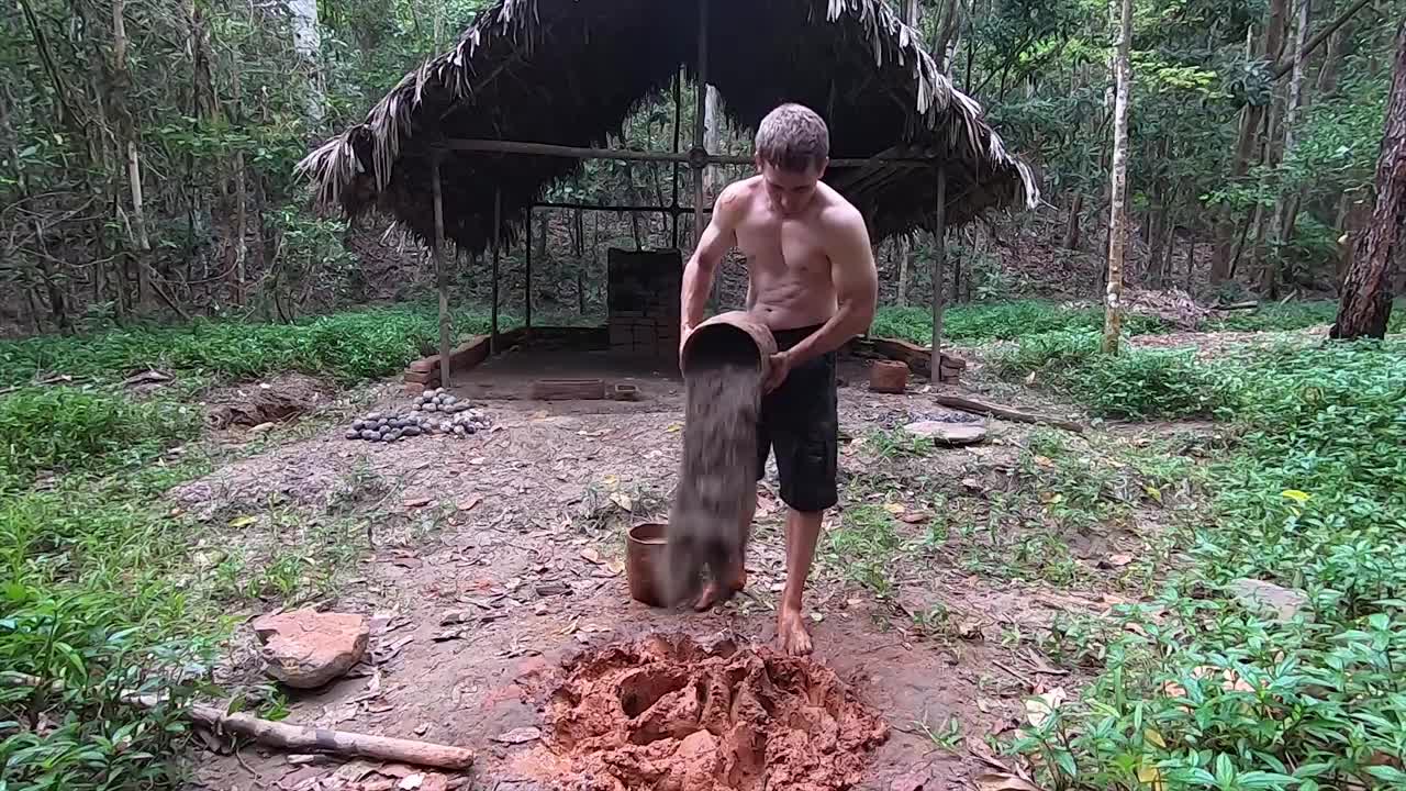 Primitive Technology: Wood Ash Cement & Fired Brick Hut