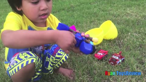 HUGE EGGS Surprise Toys Challenge with Inflatable water slide