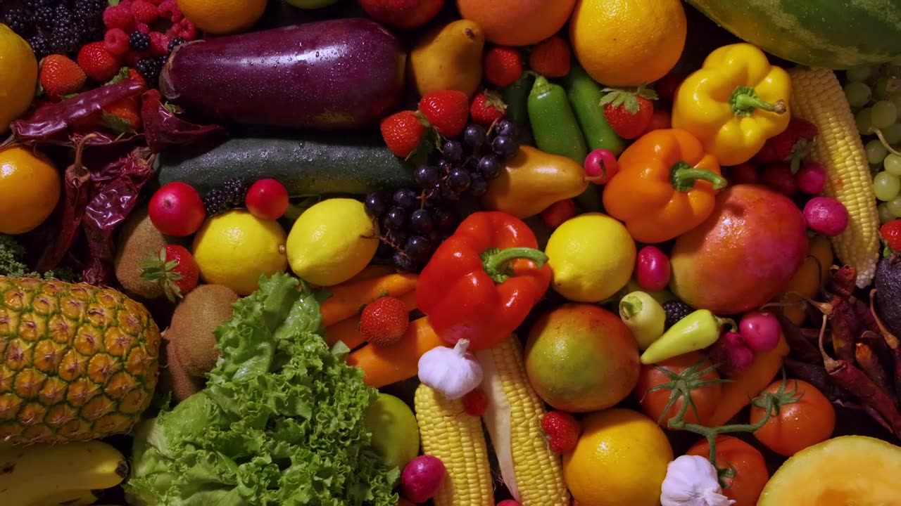 Presentation of many fruits and vegetables