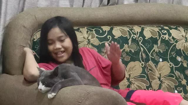 My daughter trying to entertain her bored cat