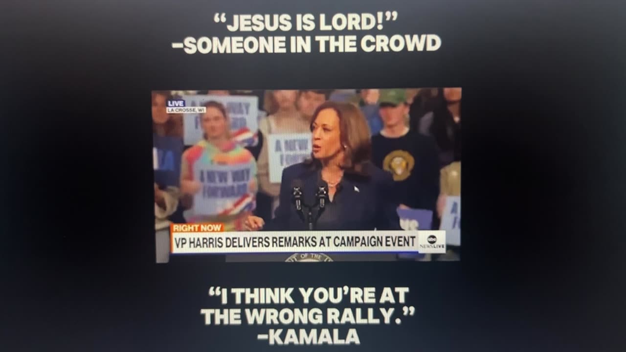 Person in crowd yells, “Jesus is Lord” Kamala says, “you’re at the wrong rally”