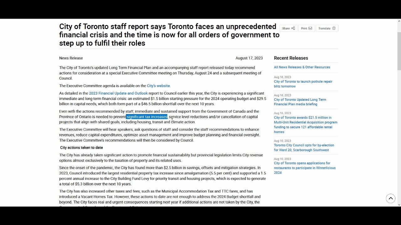 City of Toronto to increase taxes