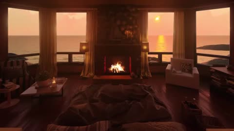 Beach Bedroom & Fireplace Ambience: Soothing Fire Sounds with Ocean View