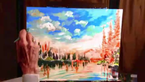 Wilderness live demo painting in acrylic by artist Simon Tate in her 'art barn' studio.