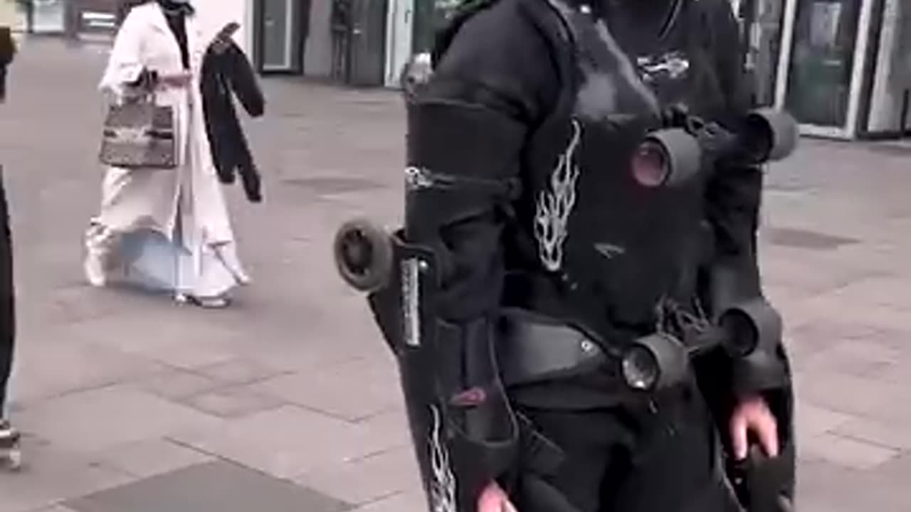 Man strolling around the streets in creative costume