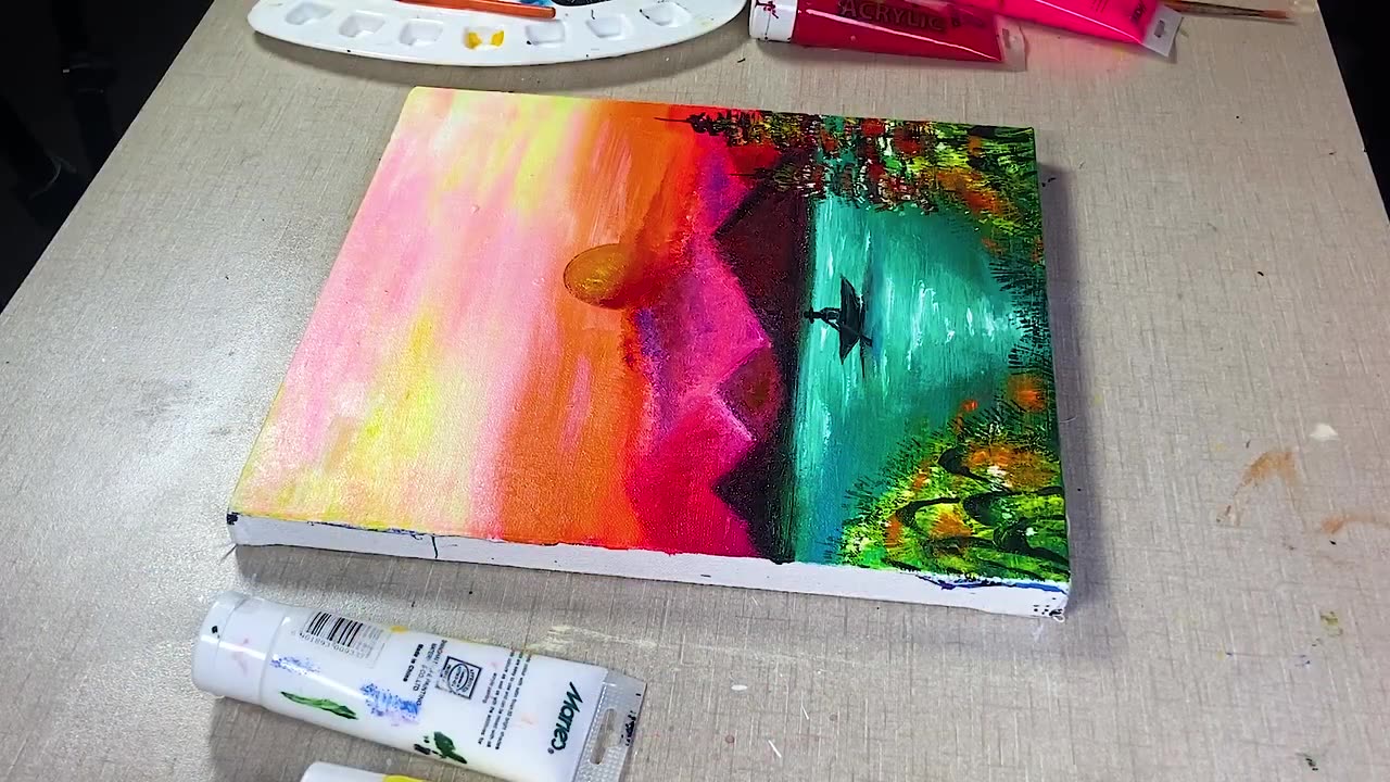 🌅 Sunset Lake Painting for Beginners | Acrylic Painting Technique 🎨