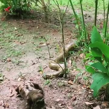Sloth fearlessly crawls past an anaconda