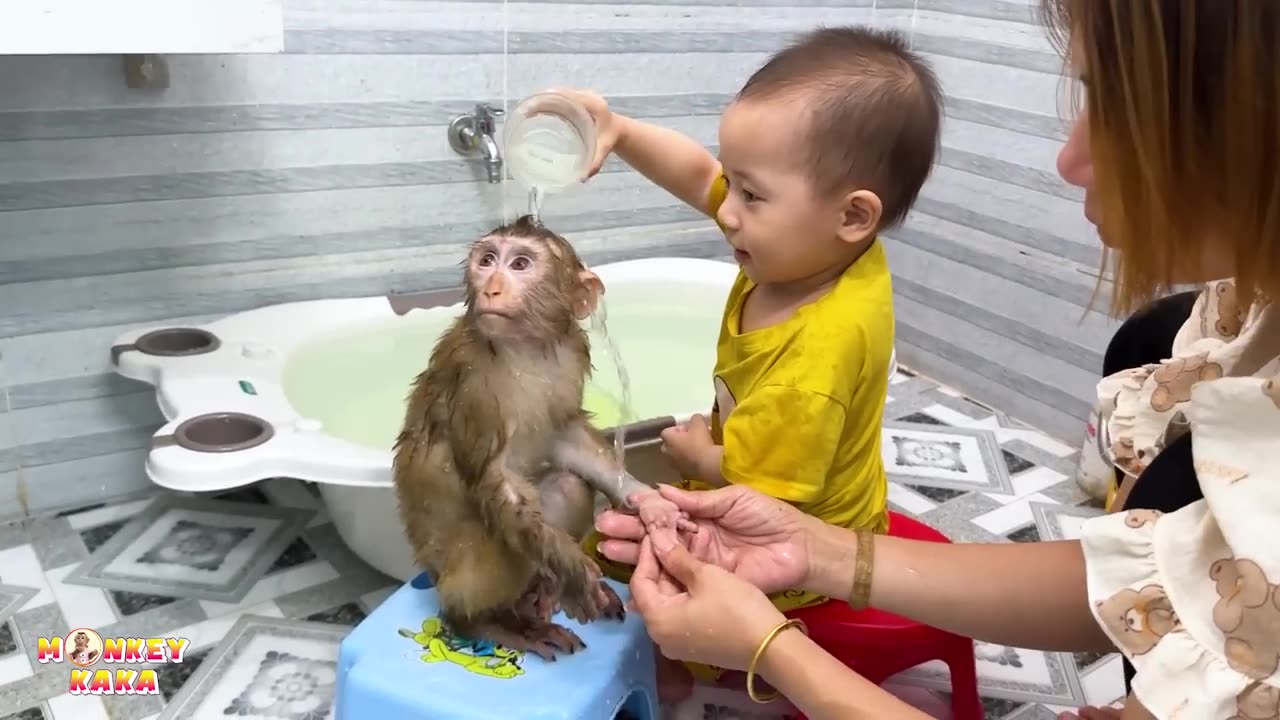 cute Baby bathes monkey Kaka by hemself
