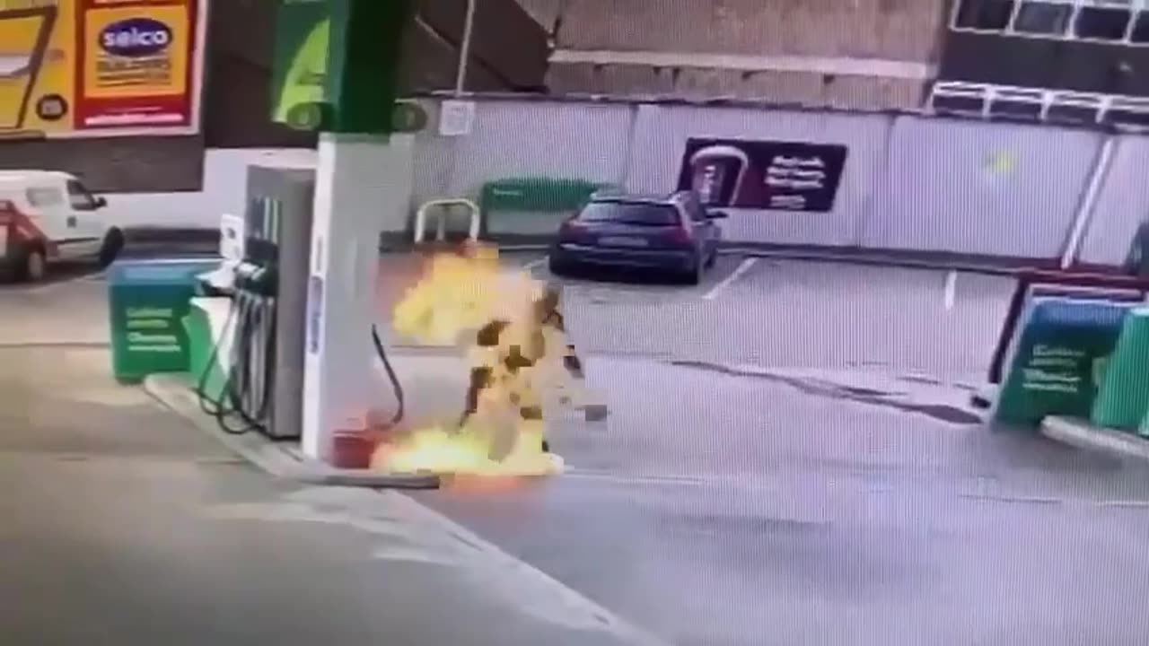 Woman Lights Self and Pavement on Fire with Gasoline at a Filling Station