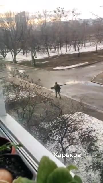 Soldier of the Armed Forces of Ukraine with MANPADS walks around Kharkov