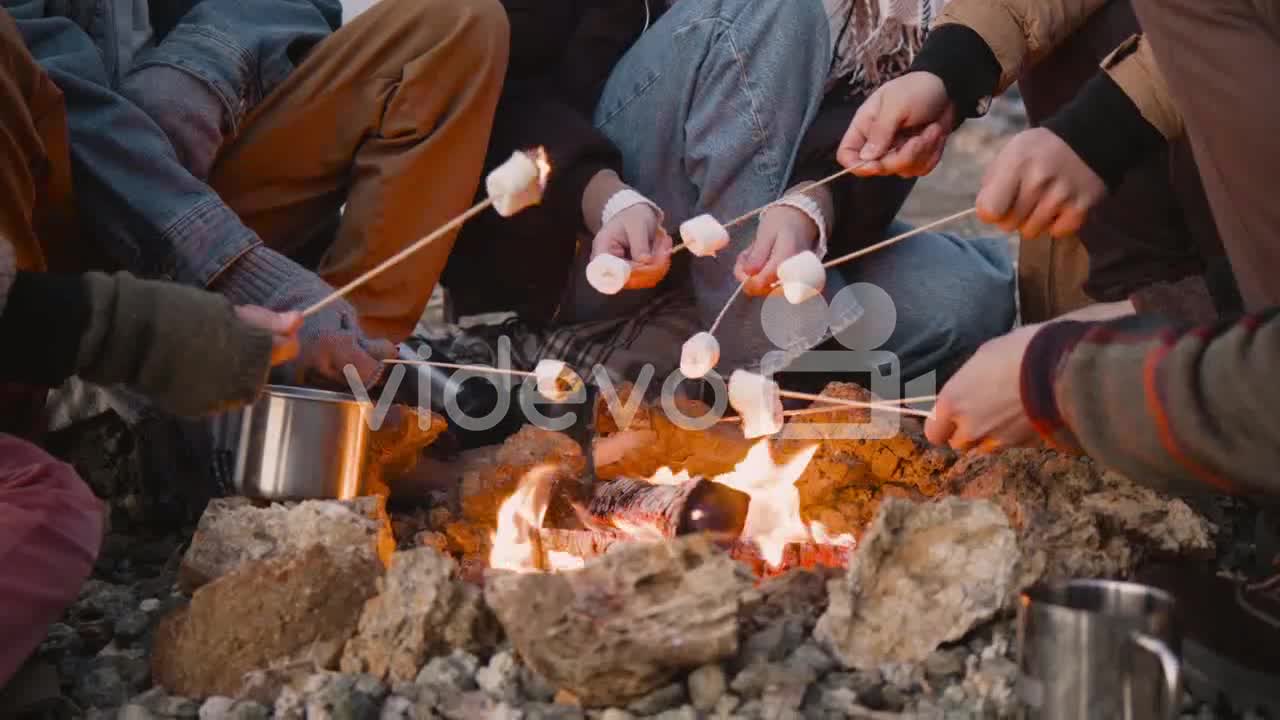 Close Up View Of Hands Of A Group Of Teenage Friends Roasting Marshmallows On The Bonfire