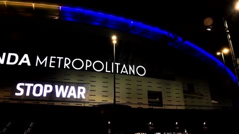 Atletico Madrid's stadium lights up in Ukrainian flag