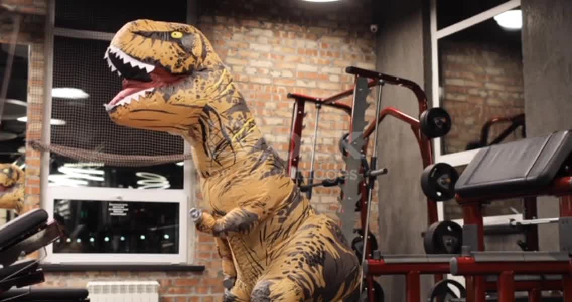 Dinosaur doll with person inside in the gym, trains, does biceps exercise.