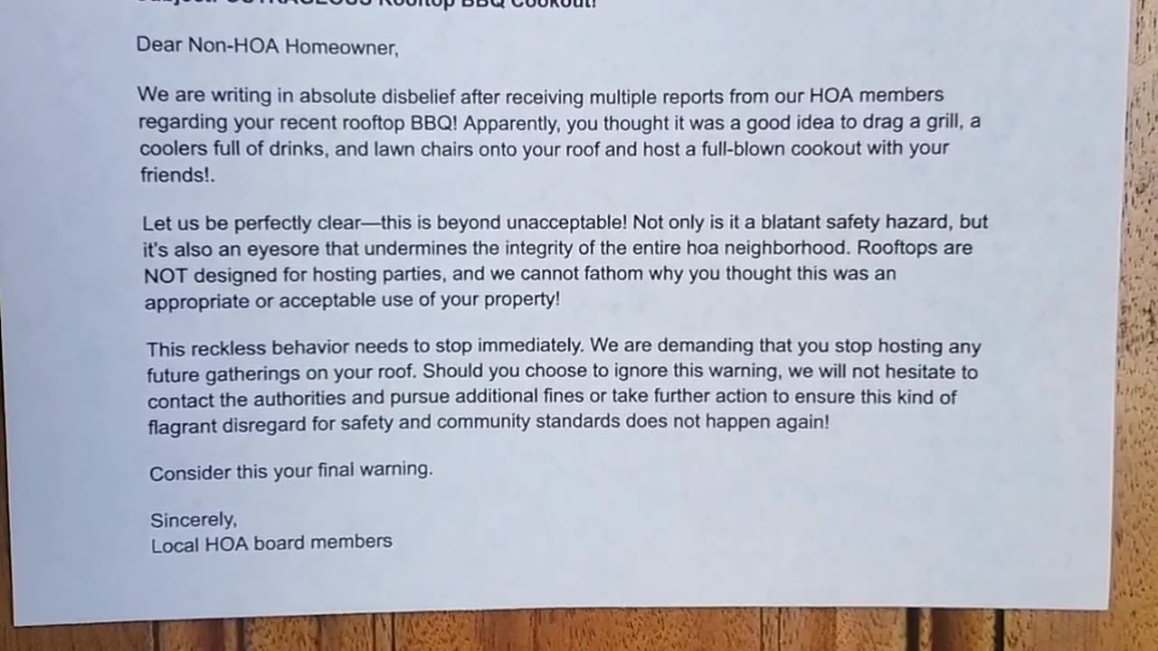 Local HOA did not like my rooftop bbq!