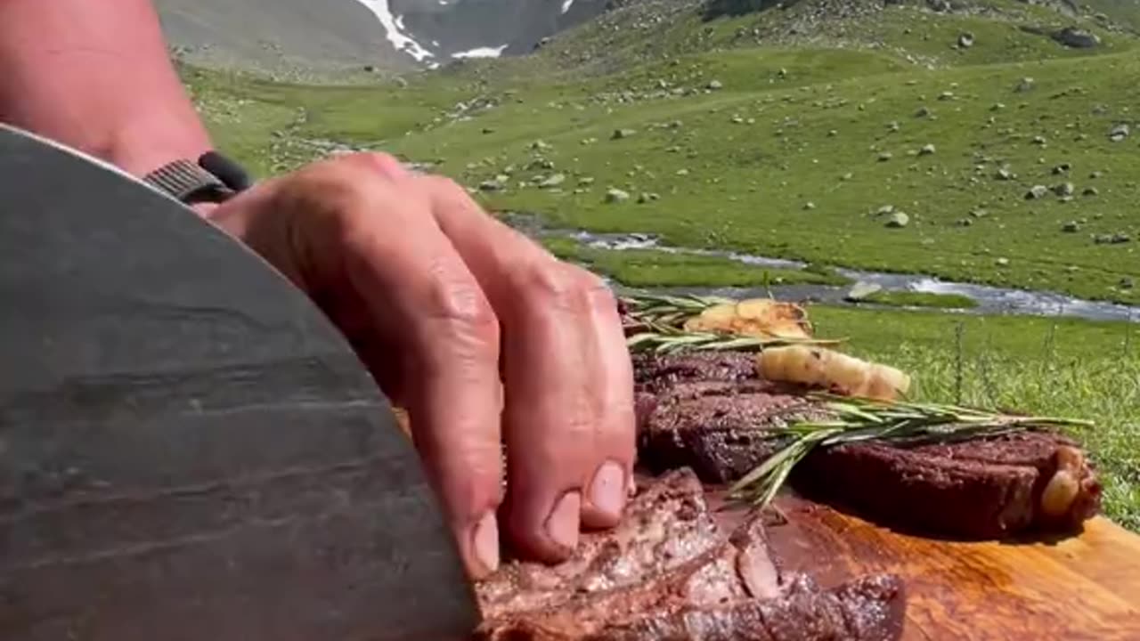 Tenderloin on Stone Stove 😍🔥 #cooking #nature #asmr #survival #beef #meat