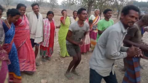 Man funny dancing in group chain dance