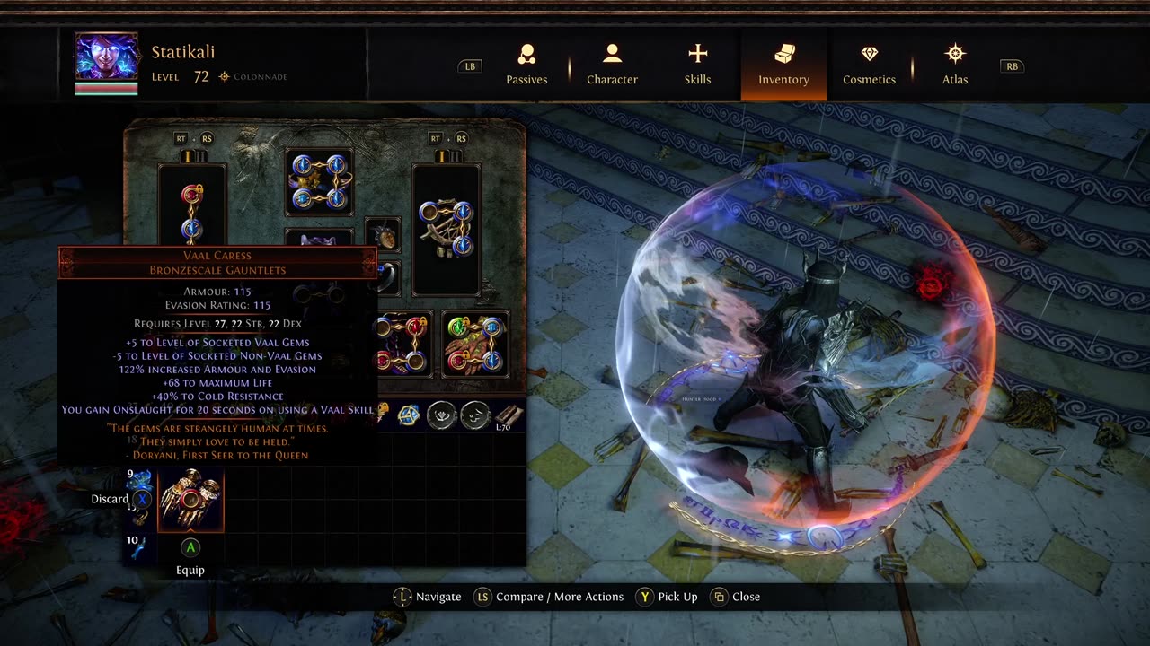 POE SSF Crucible Unique Bronzescale Gauntlets Vaal Caress