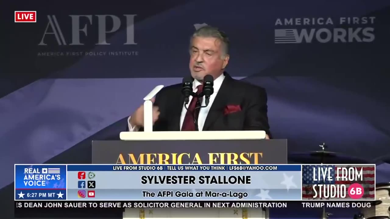 STALLONE INTRODUCES TRUMP AS A MYTHICAL CHARACTER, OUR OWN GEORGE WASHINGTON.