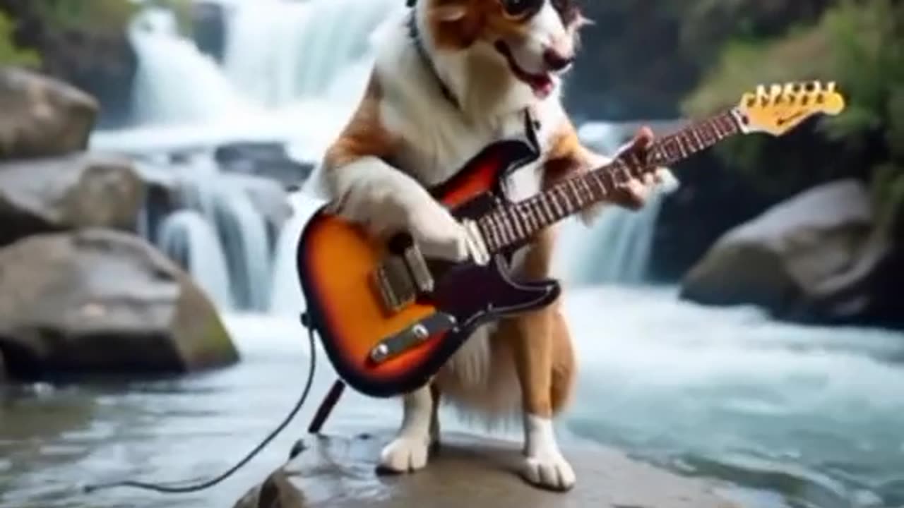 Australian shepherd playing electric guitar