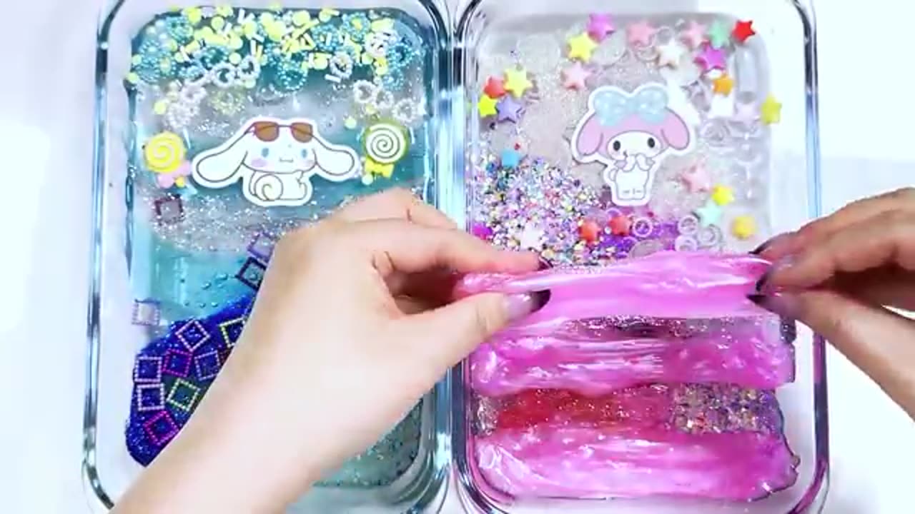 [ASMR]Mixing "Cinnamoroll vs Mymelody" Eyeshadow,Glitters Into Clear Slime satisfying