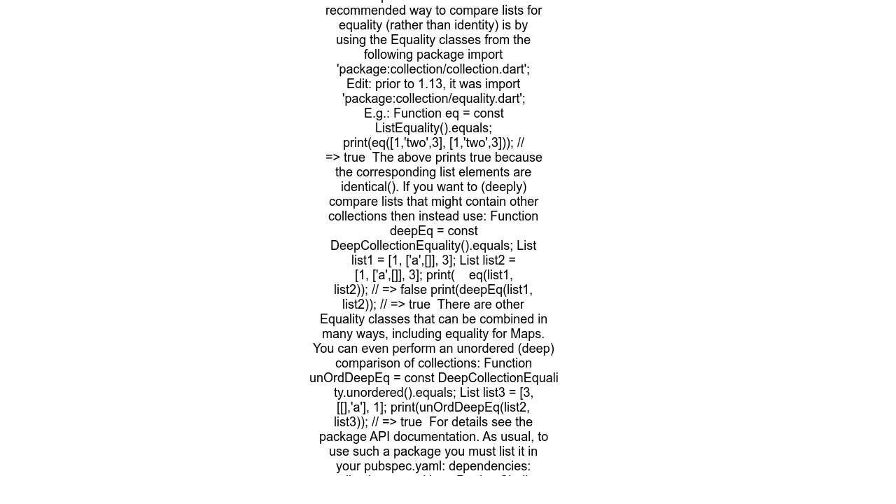 How can I compare Lists for equality in Dart