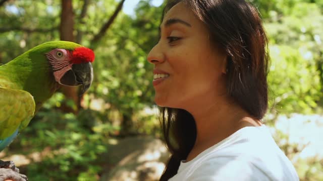 Parrot eating kissing & talking with woman