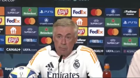 Coach Carlo Ancelotti of Real Madrid football briefs the media before to the UEFA Super Cup.