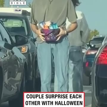 Couple surprising each other with Halloween gift basket ❤️