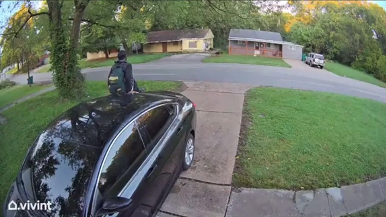 Guy jumps onto women’s car running away from dog