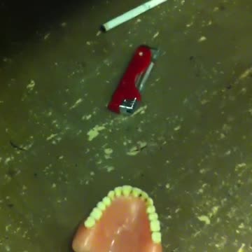 Teeth denture, red lighter, and cigarette on the floor of subway train