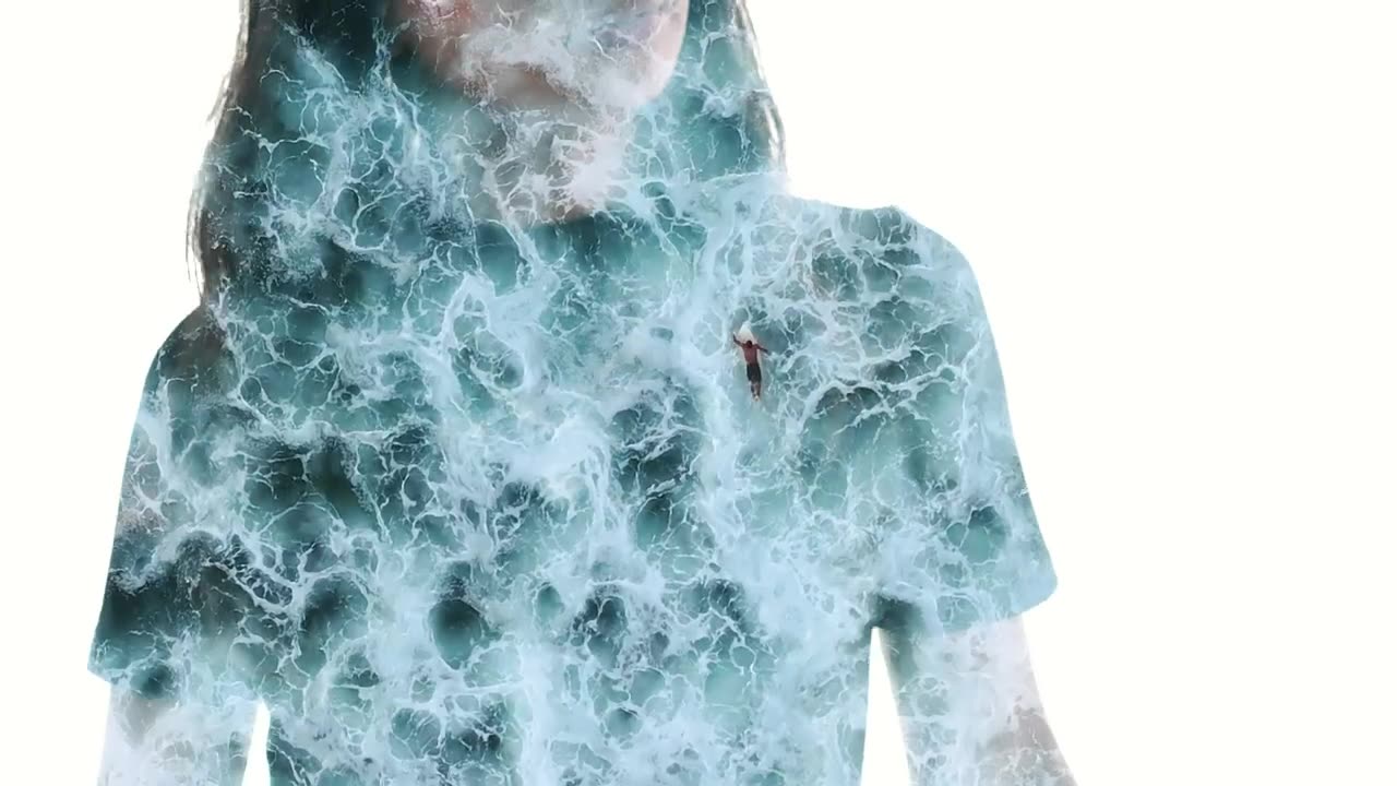 Double exposure video of a woman and surfers