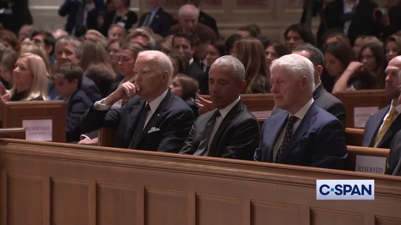 Biden, Obama and Clinton listen to former Speaker Nancy Pelosi