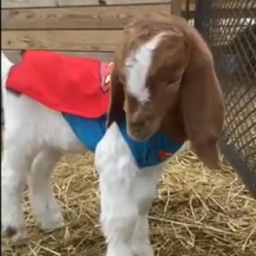 Baby goat is superman and it's the cutest thing.