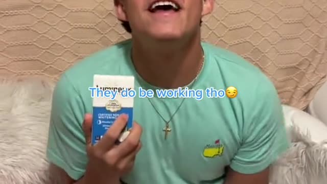 Can you tell he’s obsessed😆These whitening strips are available on Amazon! Details in our bio🦷