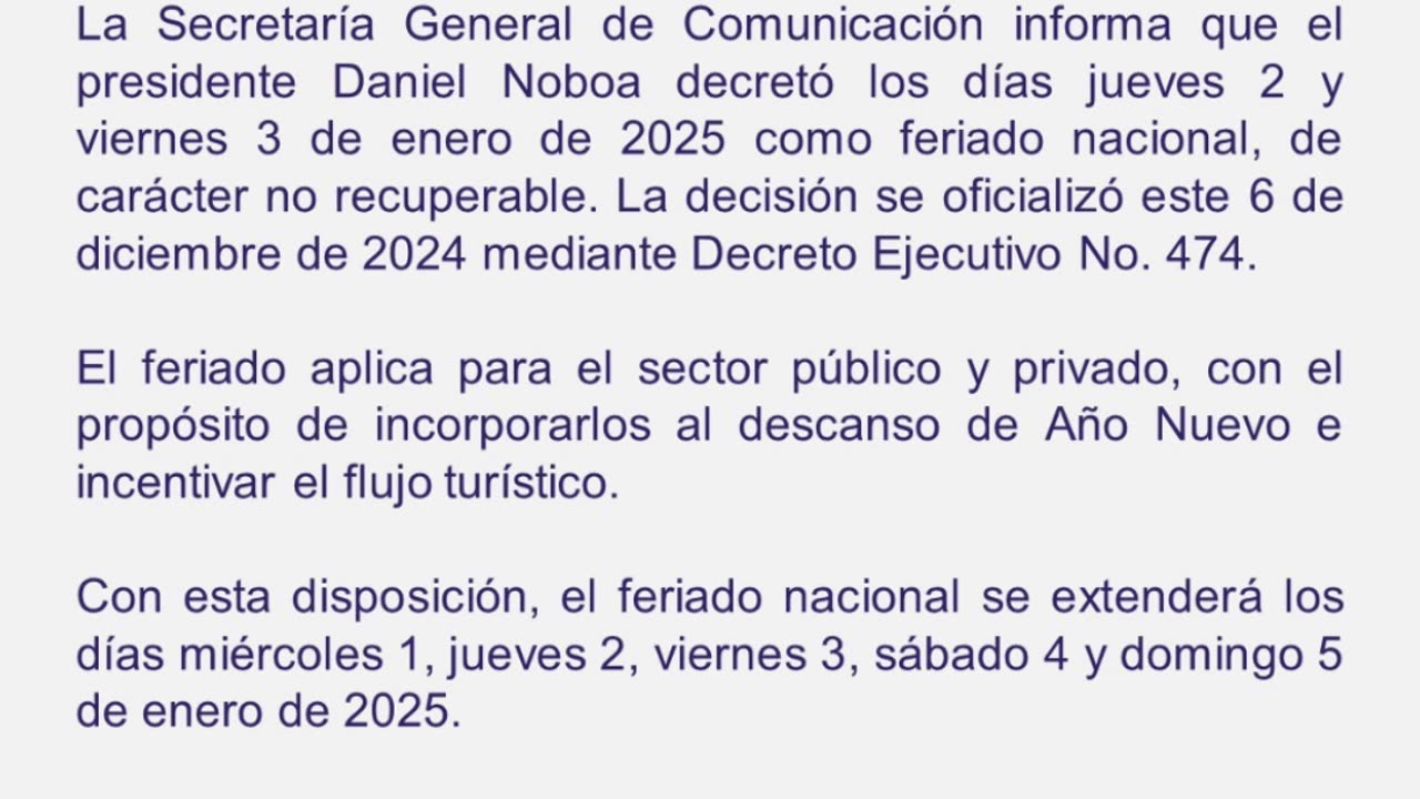 Feriado extendido en Ecuador para Año Nuevo 2025