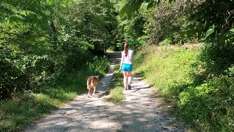 Woman Walking on a Dirt Road with a Dog