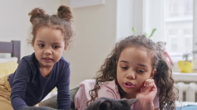 Kids Petting Their Dogs On the Bed