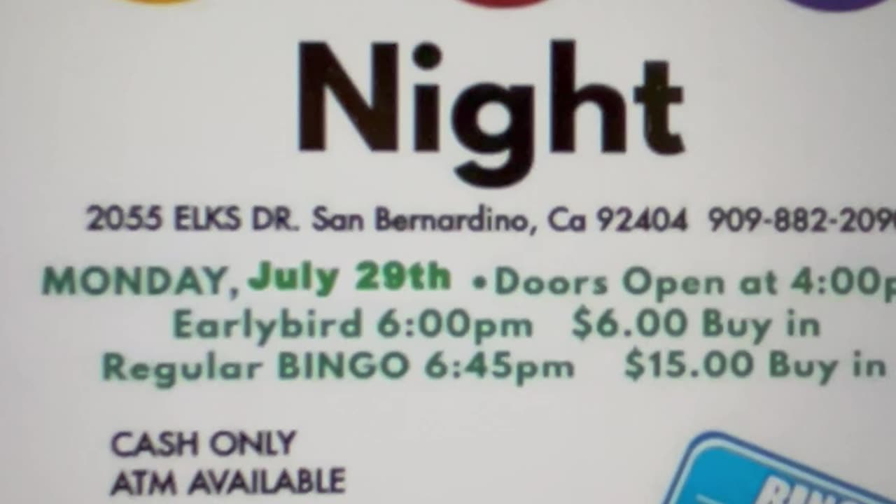 Bingo Monday, July 29th