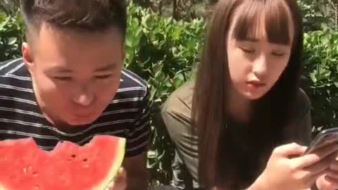 Let me bite the watermelon