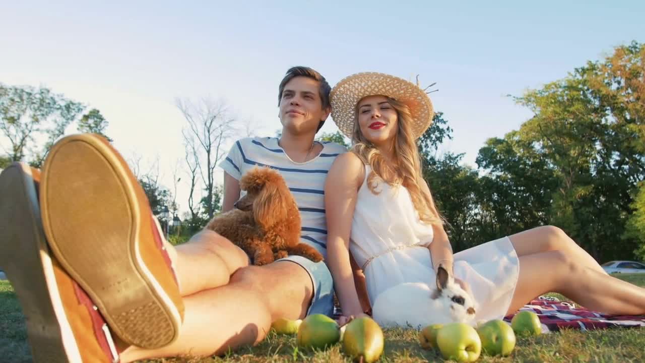 Happy young couple on picnic resting with dog and rabbit