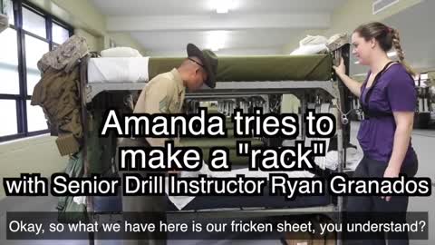 U.S. Marine tries to teach reporter how to make a military-style bed